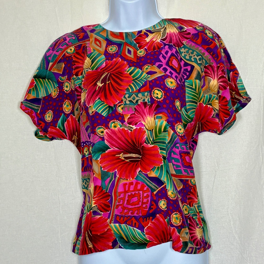 Vintage 90s Womens Silk Tropical Floral Top Size S Hawaii Resort Maximalist